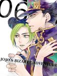  1boy 1girl black_hair blue_eyes chain cone_hair_bun father_and_daughter green_eyes green_hair green_lips green_nails hair_bun hat highres jacket jojo_no_kimyou_na_bouken kujo_jolyne kujo_jotaro midriff mikan03260 multicolored_hair purple_jacket spider_web_print stone_ocean two-tone_hair 