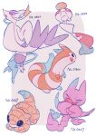  :o black_eyes border bright_pupils chimecho closed_mouth fangs fangs_out furret gligar grey_background highres mienshao oharu-chan open_mouth outside_border pokedex_number pokemon red_eyes sandshrew smile tongue tongue_out white_border white_pupils 