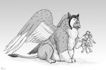 ambiguous_gender anthro anthro_prey armor avian beak belly big_belly cape clothing diego_(thatgryphonguy) equid equine felid feral feral_pred feral_prey greyscale group gryphon hi_res horse larger_feral male male_pred male_prey mammal monochrome mythological_avian mythology oral_vore pantherine sitting size_difference swallowing thatgryphonguy tiger unwilling_prey vore wings 