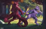  anthro battle bovid bovine buckovskiart canid canine canis cattle duo female fighting_pose fluffy fluffy_tail forest forest_background fur hi_res mammal nature nature_background neck_tuft plant pose purple_body purple_fur red_body red_fur tail training tree tuft were werecanid werecanine werewolf wolf 
