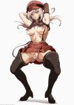  1girl alisa_ilinichina_amiella anus armpits ass_visible_through_thighs bar_censor blue_eyes boots breasts censored commission full_body god_eater grey_hair hat highres knee_boots large_breasts licking_lips looking_at_viewer medium_hair naughty_face navel nipples no_bra no_panties nolia pixiv_commission pussy simple_background solo spread_legs squatting standing strap tongue tongue_out 