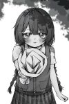  1girl blush commentary_request greyscale highres holding long_hair monochrome nijisanji parted_lips tea-kirkland tsukino_mito tsukino_mito_(3rd_costume) virtual_youtuber 