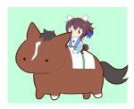  1girl animal_ears blue_hair brown_hair casual chibi commentary daitaku_helios_(umamusume) ear_covers gomashio_(goma_feet) green_background hair_ornament hairclip horse horse_ears horse_girl horse_tail horseback_riding long_sleeves mejiro_palmer_(racehorse) multicolored_hair real_life riding saddle side_ponytail streaked_hair tail umamusume |_| 