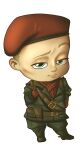  1boy absurdres baby beret brandee_simons cosplay full_body gloves half-closed_eyes hat highres metal_gear_(series) metal_gear_solid_3:_snake_eater red_gloves red_headwear revolver_ocelot revolver_ocelot_(cosplay) simple_background solo spurs standing the_boss_baby theodore_templeton_jr. white_background 
