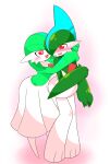 1boy 1girl :3 absurdres blue_hair blush bob_cut breasts collarbone colored_skin commentary_request ear_blush embarrassed eye_contact gallade gardevoir green_hair green_skin hair_over_one_eye happy heart heart-shaped_pupils hetero highres hug hug_from_behind kanimiso_na_double leaning_forward legs legs_together looking_at_another looking_back mohawk multicolored_hair multicolored_skin nervous nervous_smile nose_blush one_eye_covered open_mouth pokemon pokemon_(creature) raised_eyebrows red_eyes short_hair simple_background small_breasts smile sweat symbol-shaped_pupils two-tone_background two-tone_hair two-tone_skin v-shaped_eyebrows white_background white_skin 