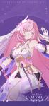  1girl armpits bell bow_(weapon) breasts character_name elysia_(herrscher_of_human:ego)_(honkai_impact) elysia_(honkai_impact) english_text gloves heart highres holding holding_bow_(weapon) holding_weapon honkai_(series) honkai_impact_3rd large_breasts official_art official_wallpaper parted_lips pink_eyes pink_hair purple_background smile solo weapon white_gloves white_headwear 