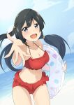  1girl absurdres beach bikini black_hair blue_sky blush breasts cleavage cloud cloudy_sky collarbone commentary doughnut_innertube grey_eyes highres holding holding_innertube innertube long_hair looking_at_viewer love_live! love_live!_nijigasaki_high_school_idol_club low_twintails medium_breasts ocean one_side_up reaching_towards_viewer red_bikini sky smile solo swimsuit twintails upper_body yuuki_setsuna_(love_live!) zasshoku_ojisan 