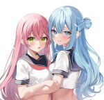  2girls :o alternate_costume blue_eyes blue_hair breasts crop_top crop_top_overhang green_eyes hair_bun half_updo hololive hoshimachi_suisei long_hair looking_at_viewer looking_back medium_breasts midriff motsunuki multiple_girls neckerchief open_mouth pink_hair sailor_collar sakura_miko school_uniform serafuku shirt short_sleeves simple_background smile upper_body white_background white_shirt 