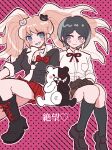  2girls 30en_(esx5g) bear_hair_ornament black_footwear black_hair black_socks blonde_hair blue_eyes blush_stickers boots bow breasts brown_gloves brown_skirt cleavage danganronpa:_trigger_happy_havoc danganronpa_(series) enoshima_junko freckles gloves grin hair_ornament high_heels ikusaba_mukuro kneehighs large_breasts monokuma multiple_girls neck_ribbon pink_background pleated_skirt red_bow red_ribbon red_skirt ribbon short_hair skirt smile socks teeth twintails 