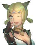  1girl 2022 ;d animal_ear_fluff animal_ears artist_name avatar_(ff11) black_gloves blonde_hair blue_eyes breasts cactus41747280 cat_ears cat_girl circlet cleavage elbow_gloves fang final_fantasy final_fantasy_xi fingerless_gloves gloves highres medium_breasts mithra_(ff11) no_eyebrows one_eye_closed open_mouth parted_bangs short_hair short_twintails simple_background smile solo twintails upper_body white_background 