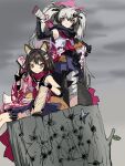  2girls :3 animal_ears bad_id bandaged_leg bandages bike_shorts black_gloves black_scarf blue_archive blue_skirt blush_stickers brown_hair bullet_hole closed_mouth colored_tips elbow_gloves elbow_pads fox_ears fox_girl fox_tail gloves grey_hair grey_shirt gun hadanugi_dousa hair_ornament halo hand_on_own_knee hand_up highres holding holding_gun holding_weapon holster izuna_(blue_archive) japanese_clothes kimono kuji-in kunai log long_hair looking_at_viewer michiru_(blue_archive) multicolored_hair multiple_girls ninja orrdriver over_shoulder overcast panties pantyshot partially_fingerless_gloves pink_kimono pleated_skirt raccoon_ears raccoon_girl raccoon_tail red_eyeliner scarf school_uniform serafuku shirt short_kimono shotgun shuriken single_fishnet_legwear single_thighhigh sitting sitting_on_log skirt sky sleeveless sleeveless_shirt smile standing standing_on_object tail thigh_holster thighhighs twintails underwear weapon weapon_over_shoulder white_panties yellow_eyes 