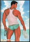  1boy absurdres aqua_male_swimwear ass bara beach ben_kimura black_hair dark-skinned_male dark_skin feet_out_of_frame from_behind goggles highres holding holding_goggles looking_to_the_side male_focus male_swimwear muscular muscular_male original realistic scan shoes short_hair sideburns solo swim_briefs tank_top tanline_peek white_tank_top 