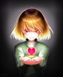  1other androgynous artist_name black_background bob_cut brown_hair chara_(undertale) commentary constricted_pupils dark eyelashes floating floating_hair floating_object frisk_(undertale) glowing glowing_eyes gradient_background green_sweater grey_background hair_spread_out heart highres long_sleeves looking_at_viewer loose_hair_strand own_hands_together parted_lips pixel_art reaching reaching_towards_viewer red_eyes shaded_face short_hair signature single_horizontal_stripe smile solo standing sweater turtleneck turtleneck_sweater twitter_username two-tone_sweater undertale yellow_sweater yuupontan. 