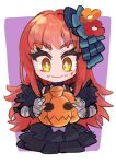  1girl bandaged_arm bandages chibi closed_mouth dress fire_emblem fire_emblem_engage flower hair_flower hair_ornament holding long_hair lowres makeup orange_hair panette_(fire_emblem) pumpkin solo tamatamariso85 yellow_eyes 