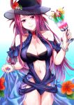  1girl black_headwear blue_one-piece_swimsuit bracelet closed_mouth clothing_cutout cocktail_glass cup drink drinking_glass fire_emblem fire_emblem_engage fire_emblem_heroes flower hat holding ivy_(fire_emblem) ivy_(summer)_(fire_emblem) jewelry long_hair looking_at_viewer navel one-piece_swimsuit purple_eyes purple_hair solo sturm_fe_k11 swimsuit 