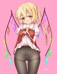  1girl artist_name black_pantyhose blonde_hair blush bow bow_panties clothes_lift cowboy_shot crystal dated embarrassed flandre_scarlet haruki_(colorful_macaron) high-waist_pantyhose lifted_by_self looking_at_viewer multicolored_wings nose_blush one_side_up open_mouth panties panties_under_pantyhose pantyhose pink_panties puffy_short_sleeves puffy_sleeves red_eyes red_skirt red_vest short_sleeves side_ponytail skirt skirt_lift skirt_set solo standing teeth thighband_pantyhose touhou underwear upper_teeth_only vest wings 