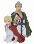  2boys absurdres blonde_hair blue_eyes cape chonmage cigarette clenched_teeth coat coat_on_shoulders earrings eiriseth english_commentary facial_hair frilled_shirt frills goatee green_coat green_hair hair_over_one_eye highres japanese_clothes jewelry kimono looking_to_the_side male_focus multiple_boys one_piece purple_sash red_cape roronoa_zoro sanji_(one_piece) sash scar scar_across_eye scar_on_chest shirt short_hair simple_background sword teeth weapon white_background white_kimono 