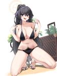  1girl :d @_@ alternate_breast_size armpit_hair bare_arms bare_legs bare_shoulders bikini bikini_top_pull black_bikini black_hair blue_archive blush breasts cleavage female_pubic_hair full_body hairband halo high_heels highres kkkweenie kneeling large_breasts long_hair looking_at_viewer nail_polish navel o-ring o-ring_bikini o-ring_bottom o-ring_top official_alternate_costume open_mouth ponytail pubic_hair purple_eyes purple_hairband smile solo spread_legs stomach string_bikini suitcase sweat swimsuit tearing_up tears toenail_polish toenails toes ui_(blue_archive) ui_(swimsuit)_(blue_archive) very_long_hair white_background 