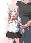  1boy 1girl absurdres black_shirt black_skirt blush commentary_request fate_(series) highres holding_another&#039;s_arm illyasviel_von_einzbern open_mouth red_eyes red_ribbon ribbon school_uniform shirt skirt tabuchi_(tabuchisanchi) white_hair white_shirt 