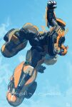  airborne autobot blue_eyes bumblebee_(transformers) chevrolet chevrolet_camaro clenched_hand commentary english_text highres looking_down mecha mi_(q9_zjmimimi) no_humans robot sky symbol-only_commentary transformers transformers:_rise_of_the_beasts transformers_(live_action) wheel 