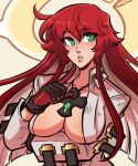  1girl absurdres ankh arm_under_breasts black_gloves bodysuit breast_hold breasts cleavage compass_rose_halo gloves green_eyes guilty_gear guilty_gear_strive halo highres jack-o&#039;_valentine large_breasts long_hair looking_at_viewer mature_female multicolored_hair red_hair scruffyturtles solo two-tone_hair white_bodysuit white_hair 