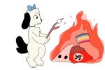  3:2 ambiguous_gender anthro biped black_ears black_tail blue_clothing bow_ribbon campfire canid canine canis clothing domestic_dog flag_(object) fur hair holding_object holding_stick ku_klux_klan mammal nazi_flag paws pepper_(puppkittyfan1) puppkittyfan1 smile solo stick swastika tail white_body white_fur white_hair 
