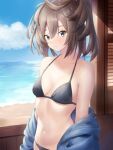  1girl beach bikini black_bikini blue_eyes blue_jacket blue_sky brown_hair cloud cowboy_shot day highres hood hooded_jacket horizon jacket kantai_collection kotou_yogen long_hair messy_hair ocean open_clothes open_jacket outdoors ponytail sheffield_(kancolle) sky solo swimsuit window 