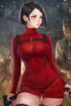  1girl ada_wong black_hair black_panties black_thighhighs breasts commentary dress english_commentary gun highres holding holding_gun holding_weapon large_breasts lips panties prywinko resident_evil resident_evil_4 see-through short_hair solo thick_thighs thighhighs thighs underwear weapon 