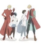  2boys 2girls black_hair blonde_hair blue_headwear coat dual_persona meryl_stryfe multiple_boys multiple_girls muramuramuramen pantyhose prosthesis prosthetic_arm red_coat red_ribbon ribbon short_hair simple_background sunglasses trigun trigun_stampede vash_the_stampede white_background white_footwear 