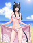  1girl absurdres animal_ears beach beach_towel bikini cat_ears cat_girl english_commentary highres ocean original sayarbea swimsuit thighs towel 