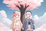  2girls :d absurdres bag blue_eyes blue_sky cardigan chaoslive cherry_blossoms chinese_commentary cloud commentary_request crossover day grey_cardigan grey_hair handbag heterochromia highres indie_virtual_youtuber looking_at_another multiple_girls open_cardigan open_clothes open_mouth pink_eyes pink_hair pink_shirt sailor_collar school_uniform serafuku shirt shizuku_lulu short_hair skirt sky smile tree virtual_youtuber wase_(vtuber) white_sailor_collar white_skirt wo_you_yibei_jia_wanli yellow_cardigan yellow_eyes yuri 