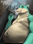  anthro blue_body blue_fur cigar cigarette_smoke draw_over fur half_clothed hi_res male mammal mustelid otter photo_background photography_(artwork) sheppyduke smoking smoking_cigar solo 