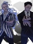  2boys almostghost black_hair black_pants black_suit blonde_hair blue_eyes formal glasses highres hinrigh_biganduffno hunter_x_hunter ken&#039;i_wang long_hair mafia male_focus multiple_boys necktie pants shirt short_hair signature striped_suit suit white_shirt 