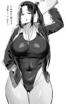 1girl absurdres arm_up ass_visible_through_thighs black_hair black_jacket black_one-piece_swimsuit breasts cleavage clipboard covered_navel curvy grey_eyes hand_in_pocket highres holding holding_clipboard hotate-chan jacket large_breasts long_sleeves looking_at_viewer monochrome one-piece_swimsuit open_mouth original simple_background sketch solo standing swimsuit thick_thighs thigh_gap thighs translation_request whistle whistle_around_neck white_background 