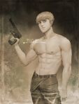 1boy abs art_of_neight artist_name commentary cowboy_shot floch_forster frown greyscale gun handgun highres holding holding_gun holding_weapon male_focus monochrome muscular muscular_male navel pectorals sepia shingeki_no_kyojin solo topless_male watermark weapon web_address 
