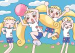  &gt;_&lt; 1nupool :d arms_up ball blonde_hair blue_shorts blue_sky blush brown_eyes clone closed_eyes cloud commentary_request floral_print flower grass hands_on_own_head heart heart_print highres holding holding_ball jumping long_hair looking_at_viewer low_twintails makihatayama_hana ojamajo_doremi open_mouth orange_footwear outdoors pain pink_flower shirt shoes short_shorts shorts sky smile standing tearing_up twintails very_long_hair white_shirt wing_hair_ornament 