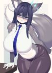  anthro belly big_breasts big_butt black_hair blue_eyes blush blush_lines bottomwear breasts butt canid canine clothing eyewear female fox fur glasses grey_body grey_fur hair hand_on_table hi_res huge_breasts huge_butt huge_thighs hyper hyper_breasts kemono looking_at_viewer mammal midriff multicolored_body multicolored_fur navel necktie open_mouth panties pants shirt slightly_chubby slightly_chubby_anthro slightly_chubby_female solo standing tail tailzkim thick_thighs topwear underwear unknown_character white_body white_fur wide_hips 