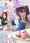  4girls anbutter_siruko animal_ears aqua_bow black_tea blue_hair blush bow brown_hair cake closed_eyes closed_mouth cup daitaku_helios_(umamusume) dress ear_bow eating fang food green_dress green_shirt hair_between_eyes hair_ornament hairclip highres holding holding_food horse_ears horse_girl light_purple_hair long_hair long_sleeves medium_hair mejiro_ardan_(umamusume) mejiro_mcqueen_(umamusume) mejiro_palmer_(umamusume) multiple_girls one_eye_closed open_mouth pinafore_dress purple_eyes revision shirt skin_fang sleeveless sleeveless_dress smile tea twitter_username umamusume white_shirt yellow_eyes 