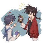  1boy 1girl back_bow bandana black_shirt bloodshot_eyes blue_hair bow bowl braid brown_hair chinese_clothes cropped_torso flying_sweatdrops heart highres holding holding_spoon long_hair long_sleeves notice_lines open_mouth p-chan piglet ranma_1/2 red_shirt saotome_ranma shirt short_hair siyer_(siyeyeyeyer) smile spoon tangzhuang tendou_akane upper_body white_background white_shirt yellow_bandana 