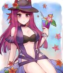  1girl bandeau bare_shoulders black_headwear breasts cleavage commentary cup drinking_glass fire_emblem fire_emblem_engage fire_emblem_heroes flower highres holding holding_cup ivy_(fire_emblem) large_breasts long_hair looking_at_viewer navel one-piece_swimsuit parted_lips pink_flower purple_eyes purple_hair purple_one-piece_swimsuit purrlucii solo stomach swimsuit thighs very_long_hair 