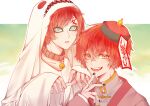  2boys :d :o absurdres baihua_er bell facial_mark fangs gaara_(naruto) ghost_costume green_background green_eyes halloween_costume hat highres jiangshi_costume looking_at_viewer male_focus multiple_boys naruto naruto_(series) neck_bell ofuda qing_guanmao red_eyes red_hair sasori_(naruto) short_hair smile upper_body 