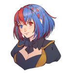  1girl alear_(female)_(fire_emblem) alear_(fire_emblem) alternate_hair_length alternate_hairstyle black_bow black_bowtie blue_eyes blue_hair bow bowtie braid breasts cleavage commentary cropped_torso crown_braid eili_enie fire_emblem fire_emblem_engage heterochromia looking_at_viewer multicolored_hair red_eyes red_hair short_hair solo streaked_hair upper_body 