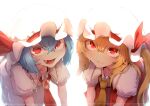  2girls absurdres ascot blonde_hair blue_hair brooch closed_mouth collared_shirt commentary cowboy_shot fang flandre_scarlet frilled_shirt_collar frills hair_between_eyes hat hat_ribbon highres jewelry leaning_forward long_bangs long_hair looking_at_viewer mob_cap multiple_girls one_side_up open_mouth puffy_short_sleeves puffy_sleeves red_ascot red_eyes red_ribbon red_skirt remilia_scarlet ribbon shirt short_hair short_sleeves siblings simple_background sisters skirt slit_pupils smile sotatsudraw touhou white_background white_headwear white_shirt yellow_ascot 