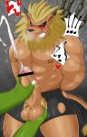  abs absurd_res anthro ball_grab balls bandai_namco bantau bdsm blonde_hair blush bodily_fluids bound clothing cum digimon digimon_(species) duo erection genital_fluids genitals hair handjob hi_res leomon male male/male mane muscular muscular_anthro muscular_male ogremon orgasm pecs penile penis pubes sex torn_clothing underwear vein veiny_penis 