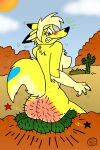  anthro breasts butt butthurt cactus canid canine canis coyote desert detailed_background digital_media_(artwork) female hi_res mammal nude pain plant sitting solo tail teeth unclescooter 