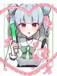  1girl :c black_choker blue_hair blunt_bangs blush bow bowtie brooch center_frills choker collared_shirt dot_nose double_bun frilled_shirt frills glowstick green_bow green_bowtie hair_bun hand_up heart heart_choker highres holding_glowstick hyodou_shizuku idoly_pride inset_border jewelry jun_(jun72275969) letterboxed long_bangs long_sleeves looking_at_viewer motion_lines open_mouth red_eyes ring shadow shirt short_twintails sidelocks solo straight-on twintails upper_body v-shaped_eyebrows white_shirt 