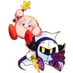  2boys :d armor armored_boots black_cape blue_eyes blush blush_stickers boots cape closed_mouth happy holding holding_sword holding_weapon kirby kirby_(series) lowres mask meta_knight multiple_boys no_humans purple_cape purple_footwear simple_background smile sword tokuura wand weapon white_background 
