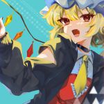  1girl alternate_costume black_choker black_jacket blonde_hair choker clothing_cutout collared_shirt crystal curly_hair eyes_visible_through_hair fang flandre_scarlet frilled_necktie hat highres jacket light_blue_background long_sleeves looking_at_viewer maguri_rei medium_hair mob_cap necktie open_clothes open_jacket open_mouth red_eyes red_vest shirt shoulder_cutout skin_fang solo touhou triangle vest white_headwear wings yellow_necktie 
