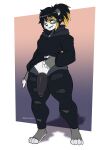  absurd_res anthro bear blue_eyes clothing fishnet genitals giant_panda girly hi_res hoodie leggings legwear male mammal penis rook_kawa sly_knox smug solo topwear 