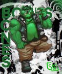  absurd_res anthro bear belly bottomwear clothed clothing english_text eyebrows facial_piercing green_body hair hi_res jacket male mammal nose_piercing overweight overweight_anthro overweight_male pants piercing smollsaid solo teeth text tooth_piercing topwear 